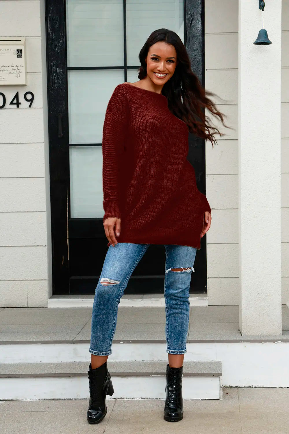 Boat Neck Dropped Shoulder Sweater
