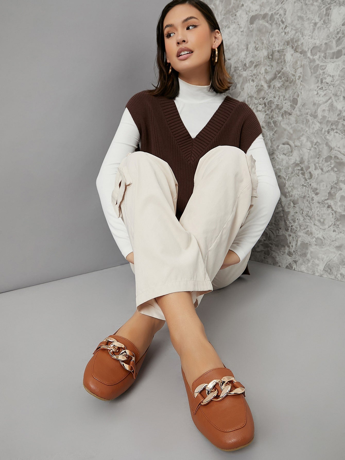 Curb Chain Accent Faux Leather Loafers