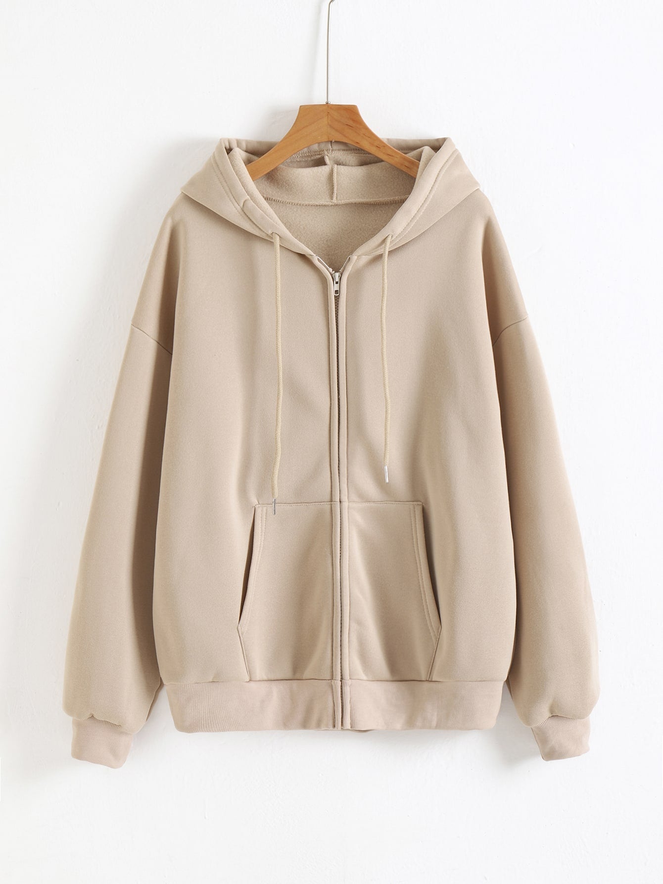 Solid Drop Shoulder Zip Up Drawstring Hoodie