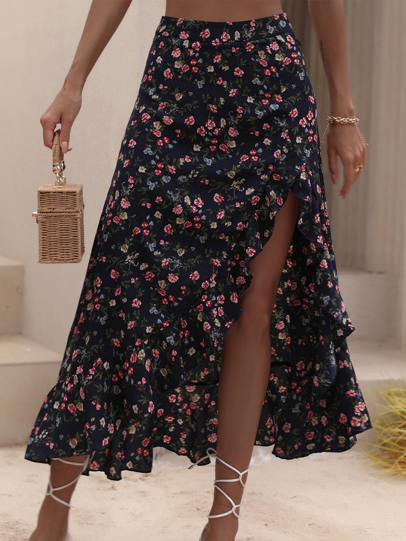 Ditsy Floral Print Ruffle Trim Asymmetrical Hem Skirt