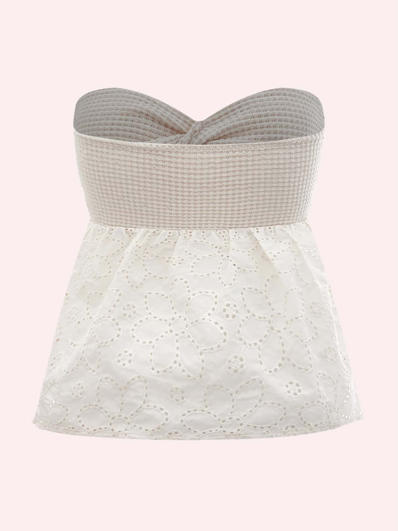 Women Vacation Twist Front Cutout Eyelet Embroidery White Off Shoulder Top