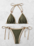 Swim Summer Beach Ladies' Solid Color Bikini Set With Trim Details - Halter Triangle Bralette And Side Tie Bottom Bikini