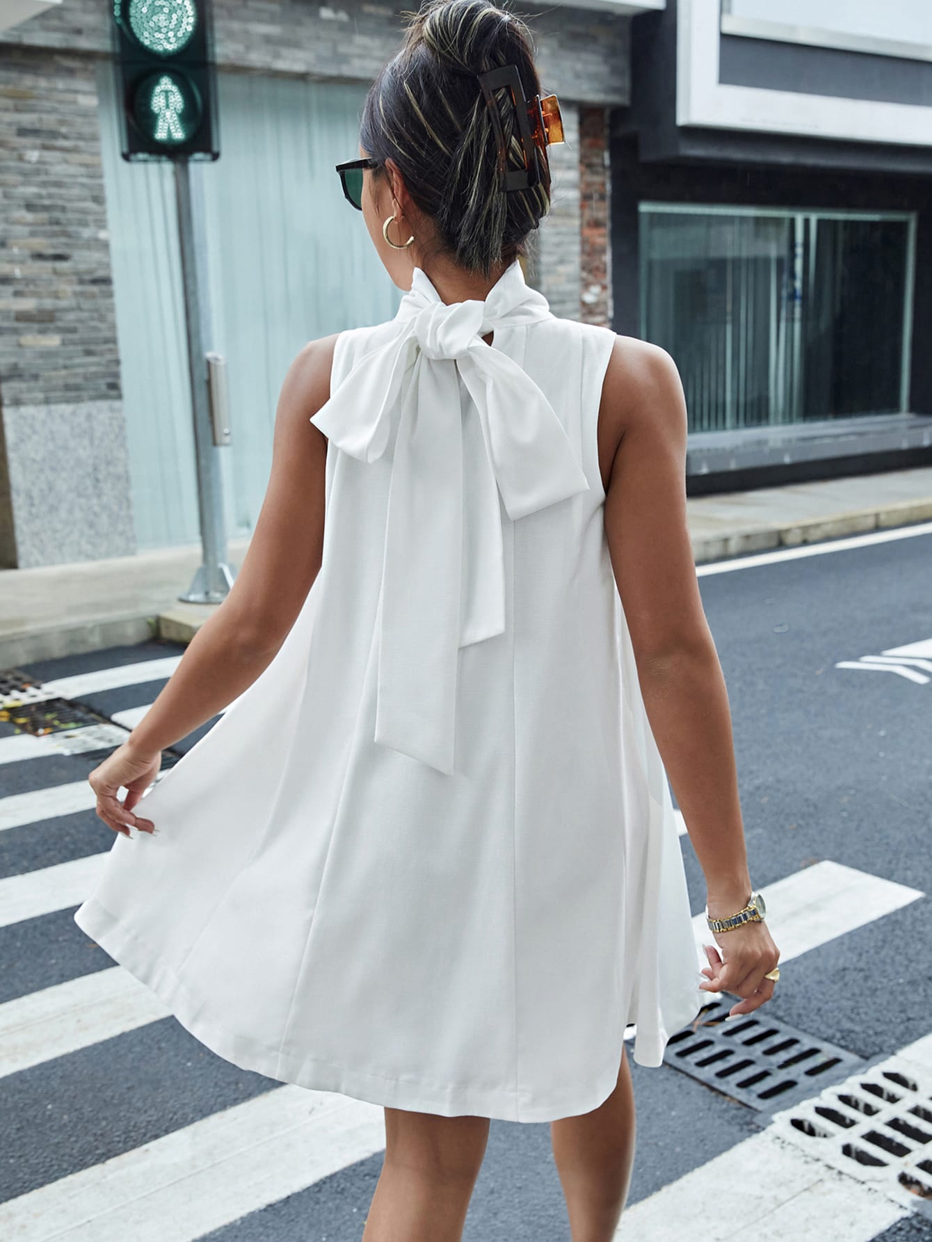 Women's Solid Color Stand Collar Sleeveless Dress