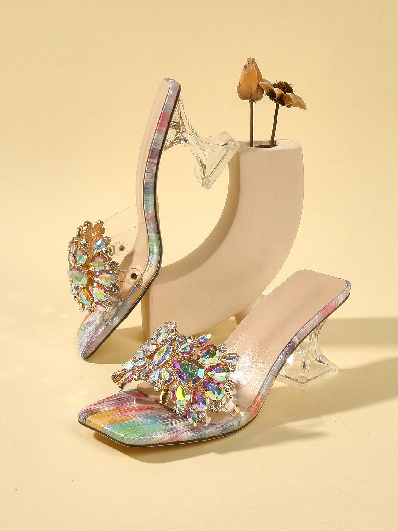 Rhinestone Decor Sculptural Heeled Mule Sandals, Purple Party Diamond & Gems Decoration Solid Color Mule Heels