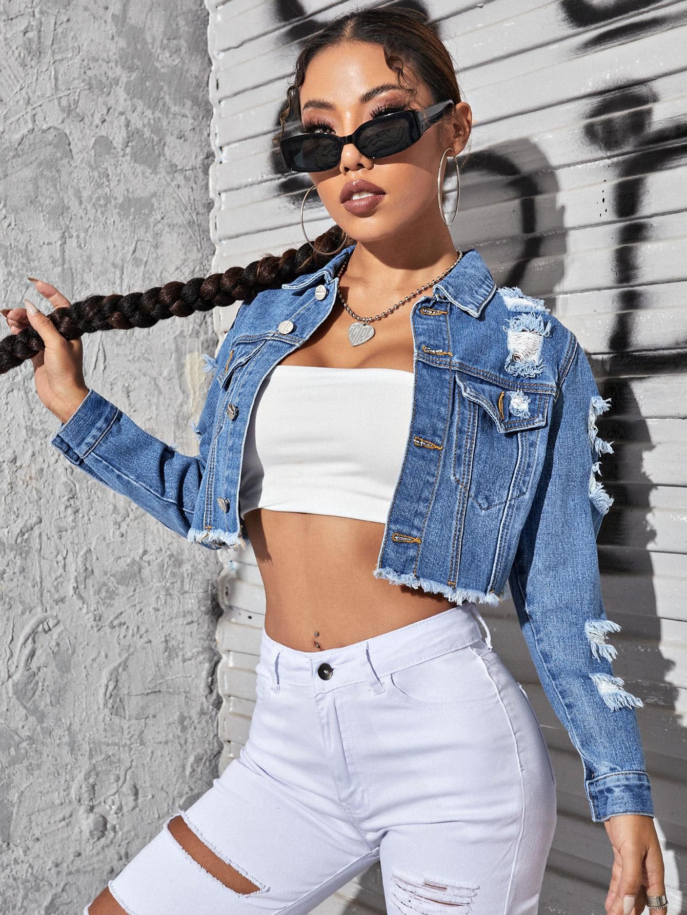 Ripped Raw Hem Denim Jacket