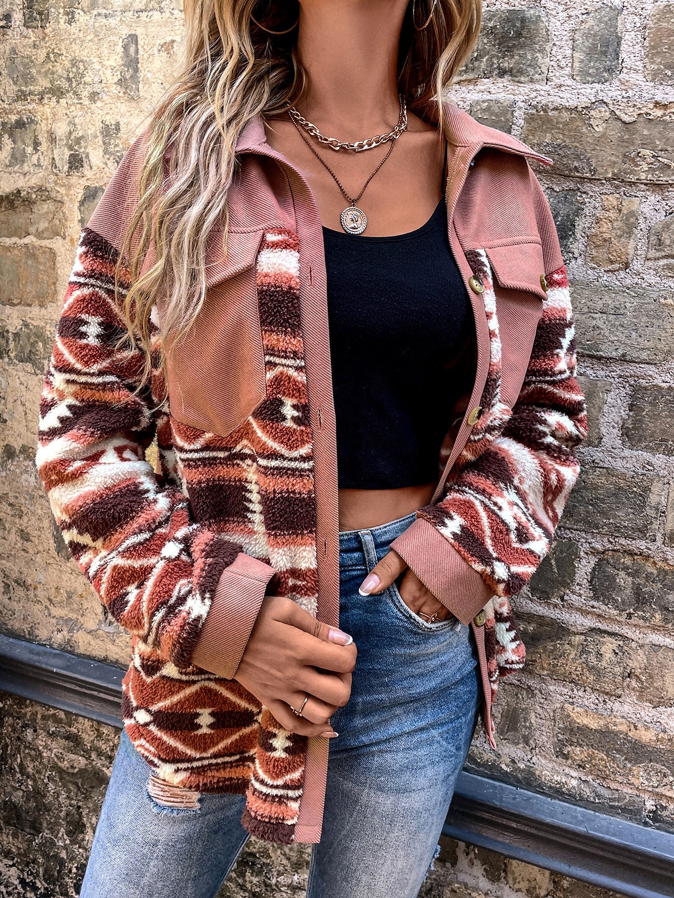 Geo Pattern Flap Pocket Drop Shoulder Coat