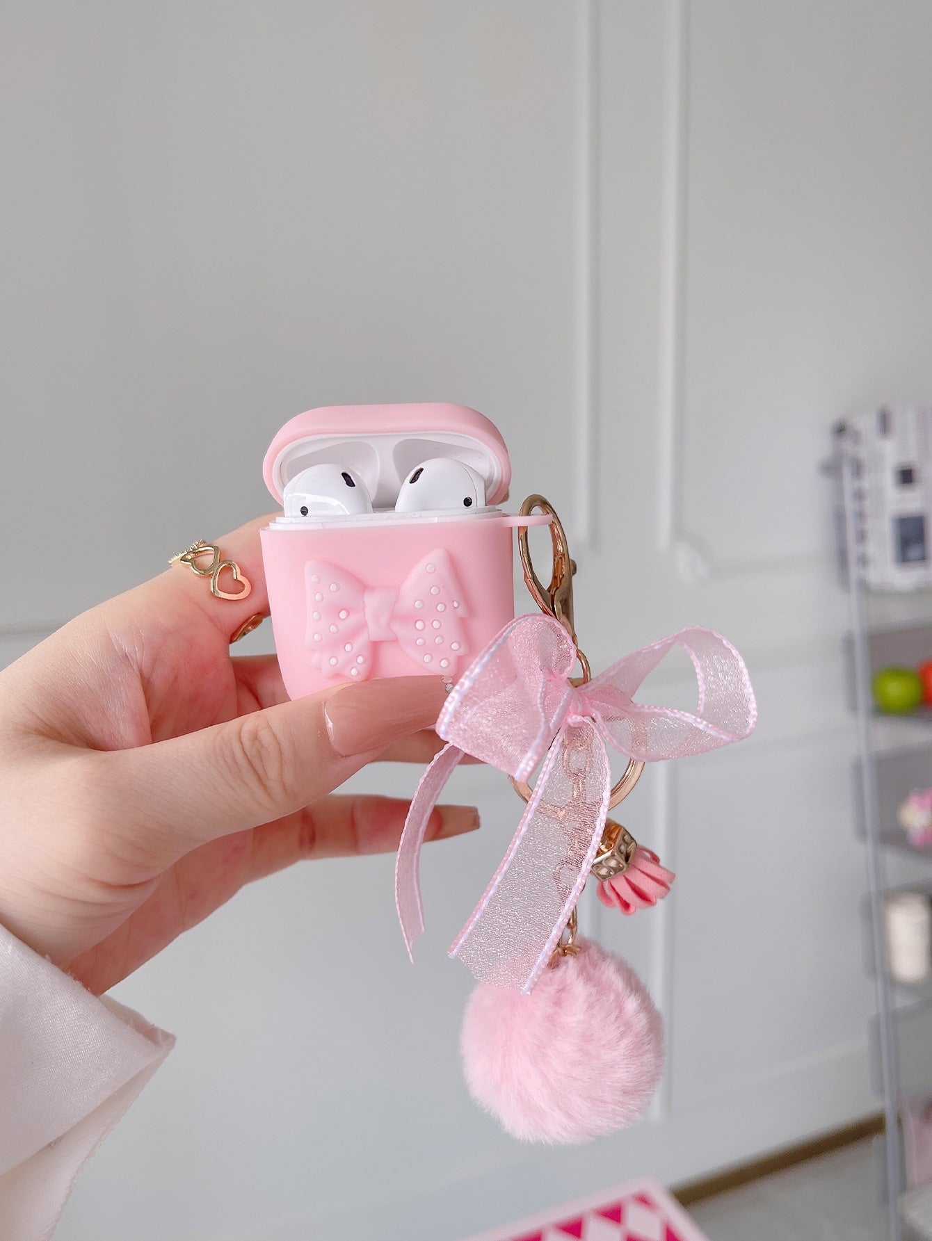 Pink 1pc Cute Silicone Bowknot & Lace & Fur Ball Earphone Cover For Airpods For AirPods1/2 AirPods Pro Kawaii