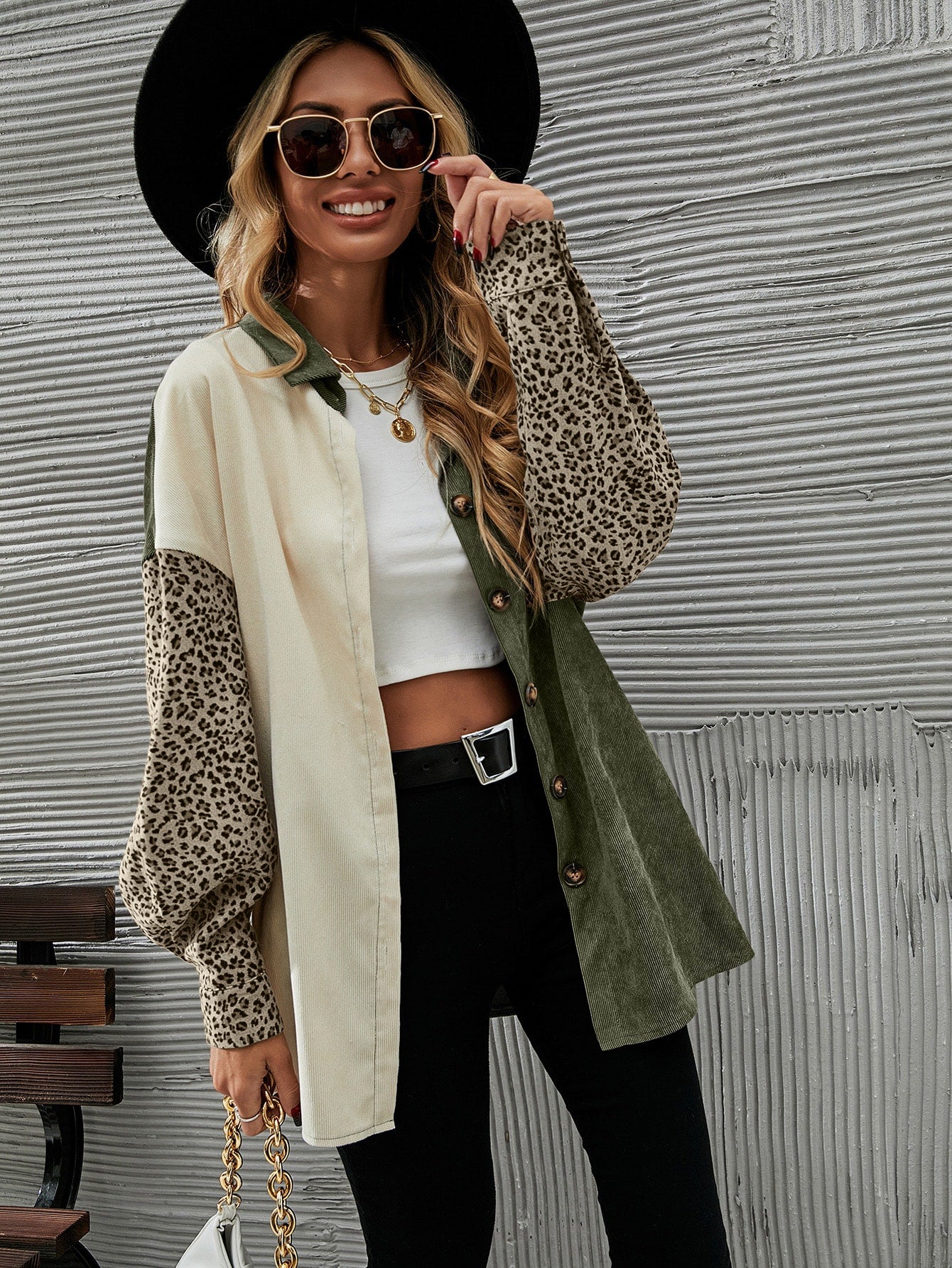 Cut And Sew Leopard Corduroy Coat
