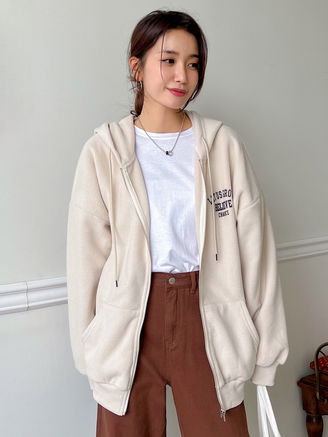 Slogan Graphic Drop Shoulder Zipper Drawstring Hooded Fleece Jacket