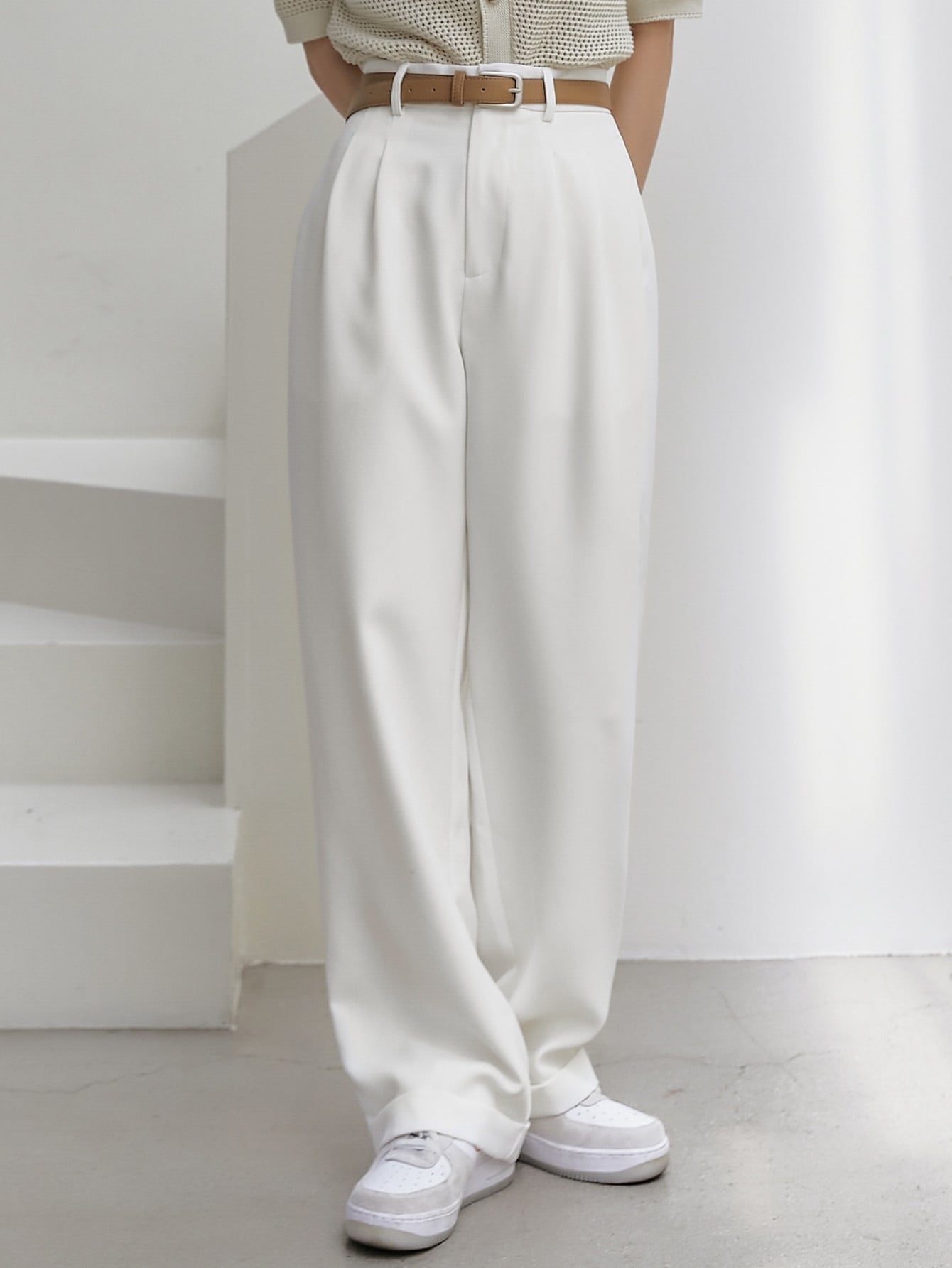 Dazy-Less Solid Fold Pleated Wide Leg Suit Pants Without Belt