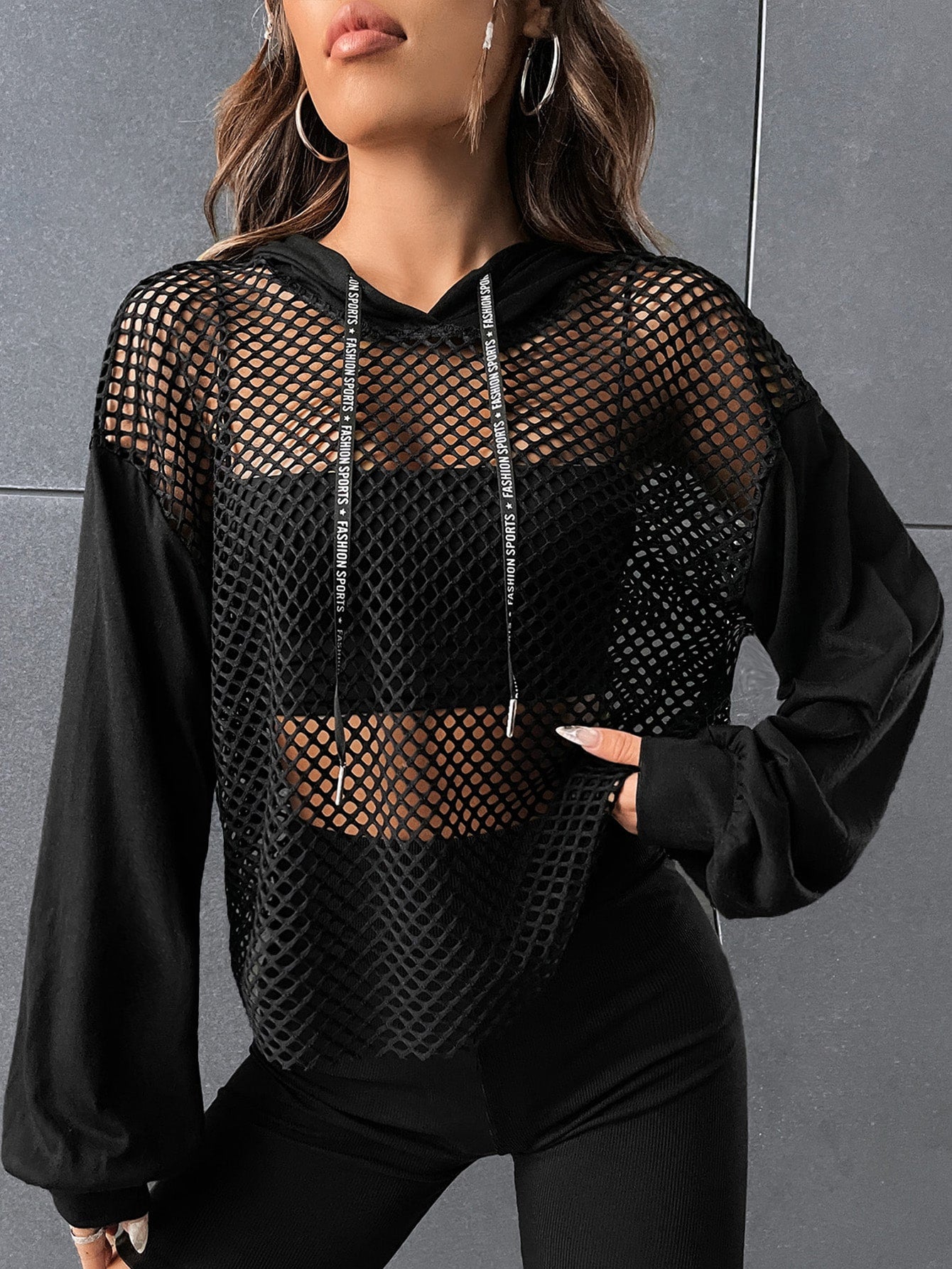 Rhinestone Detail Drop Shoulder Drawstring Hoodie Without Tube Top
