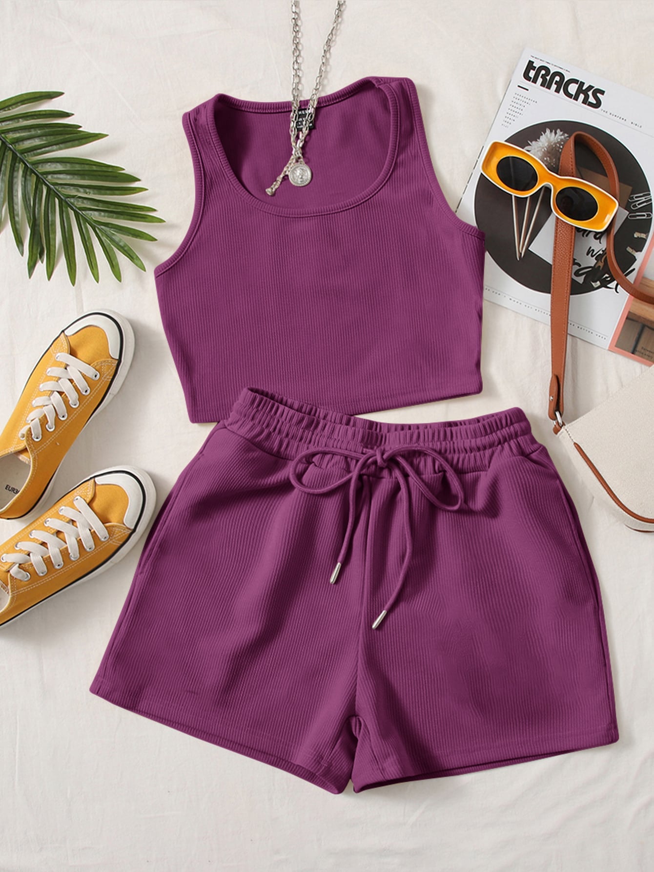 Knitted Solid Color Vest With Drawstring Waist Shorts Set