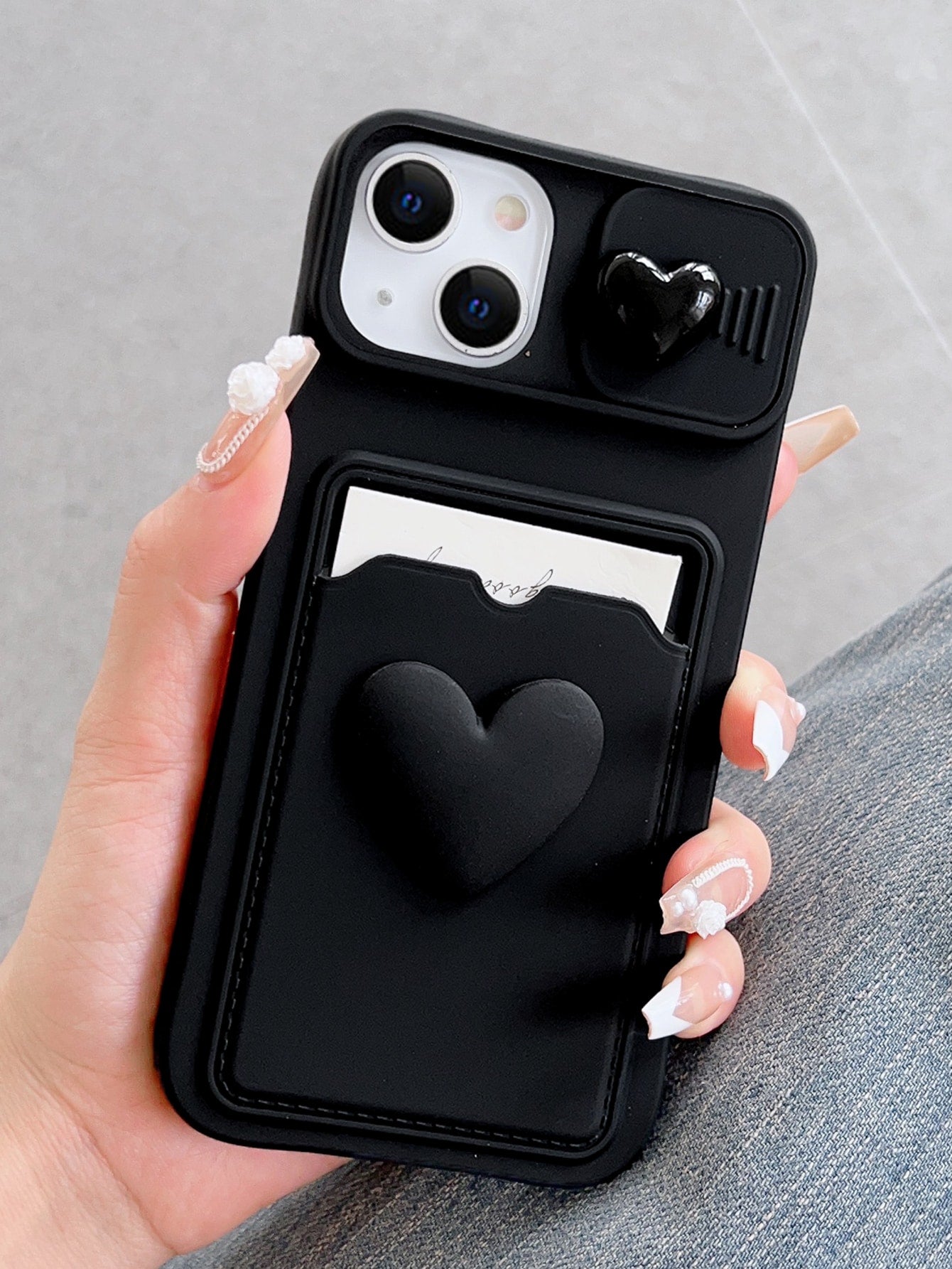 Sliding Transparent Double Heart Sticker Picture Frame Card Holder Phone Case Compatible With Apple IPhone