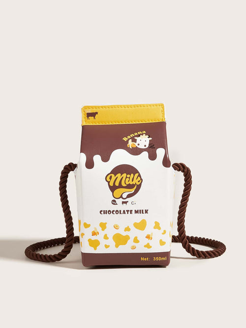 1pc Kids' Cute Pink Strawberry Cow Pattern PU Milk Box Cartoon Style Fun One Shoulder Crossbody Bag Suitable For Daily Use