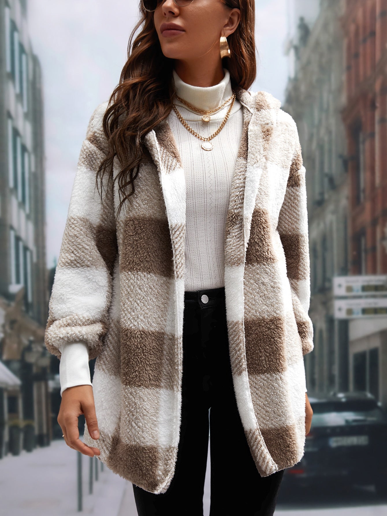 Buffalo Plaid Pattern Hooded Teddy Coat