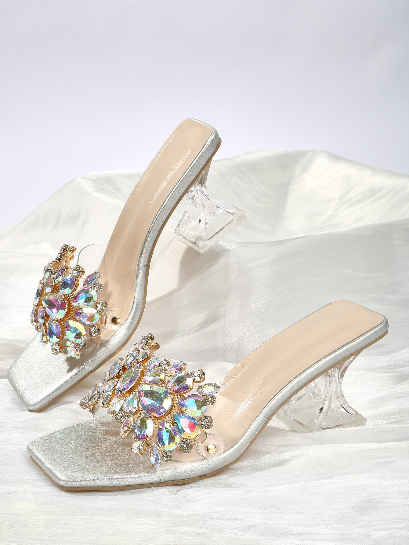 Rhinestone Decor Sculptural Heeled Mule Sandals, Purple Party Diamond & Gems Decoration Solid Color Mule Heels