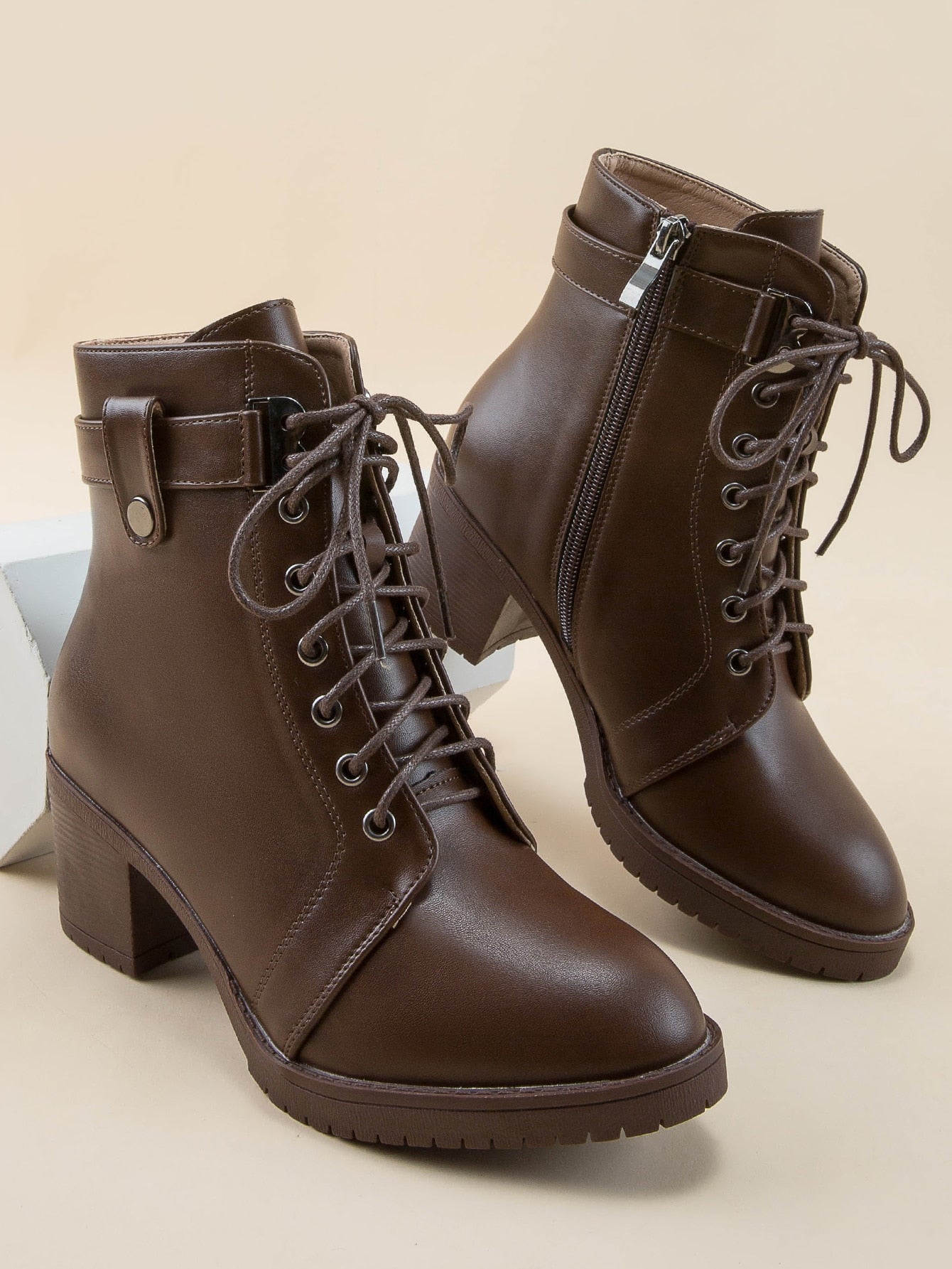 Round Toe Chunky High Heel Anti-Skid Platform, Side Zipper Criss-Cross Lace-Up, Classic Fashion  Boots For Women