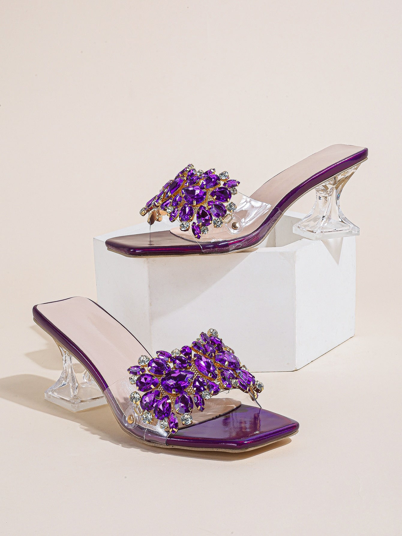 Rhinestone Decor Sculptural Heeled Mule Sandals, Purple Party Diamond & Gems Decoration Solid Color Mule Heels