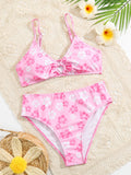 Teen Girls Floral Print Ring Linked Bikini Swimsuit
