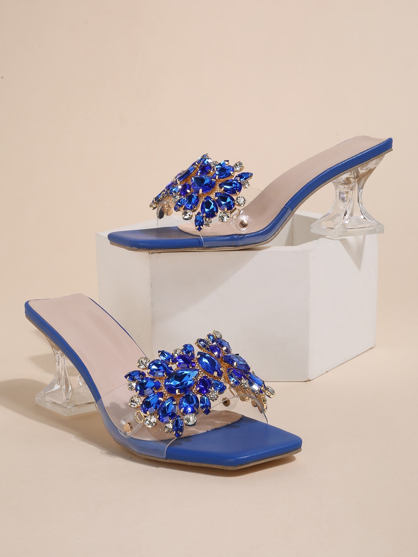 Rhinestone Decor Sculptural Heeled Mule Sandals, Purple Party Diamond & Gems Decoration Solid Color Mule Heels