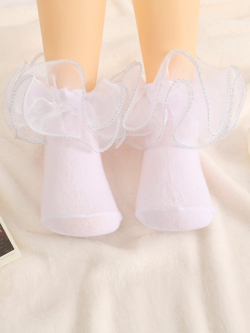 1pair Kids' Glitter Solid Color Floral Lace Short Socks