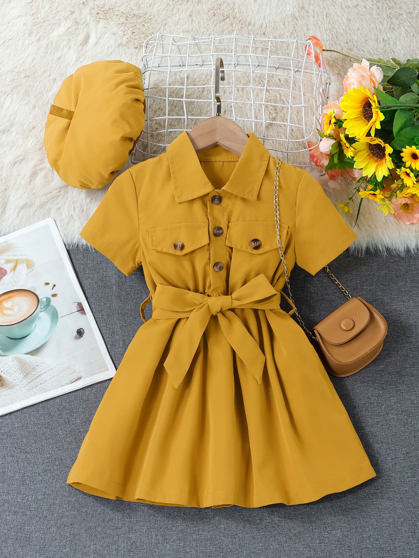 Young Girl Flap Detail Belted Shirt Dress & Accessory Hat Without Bag