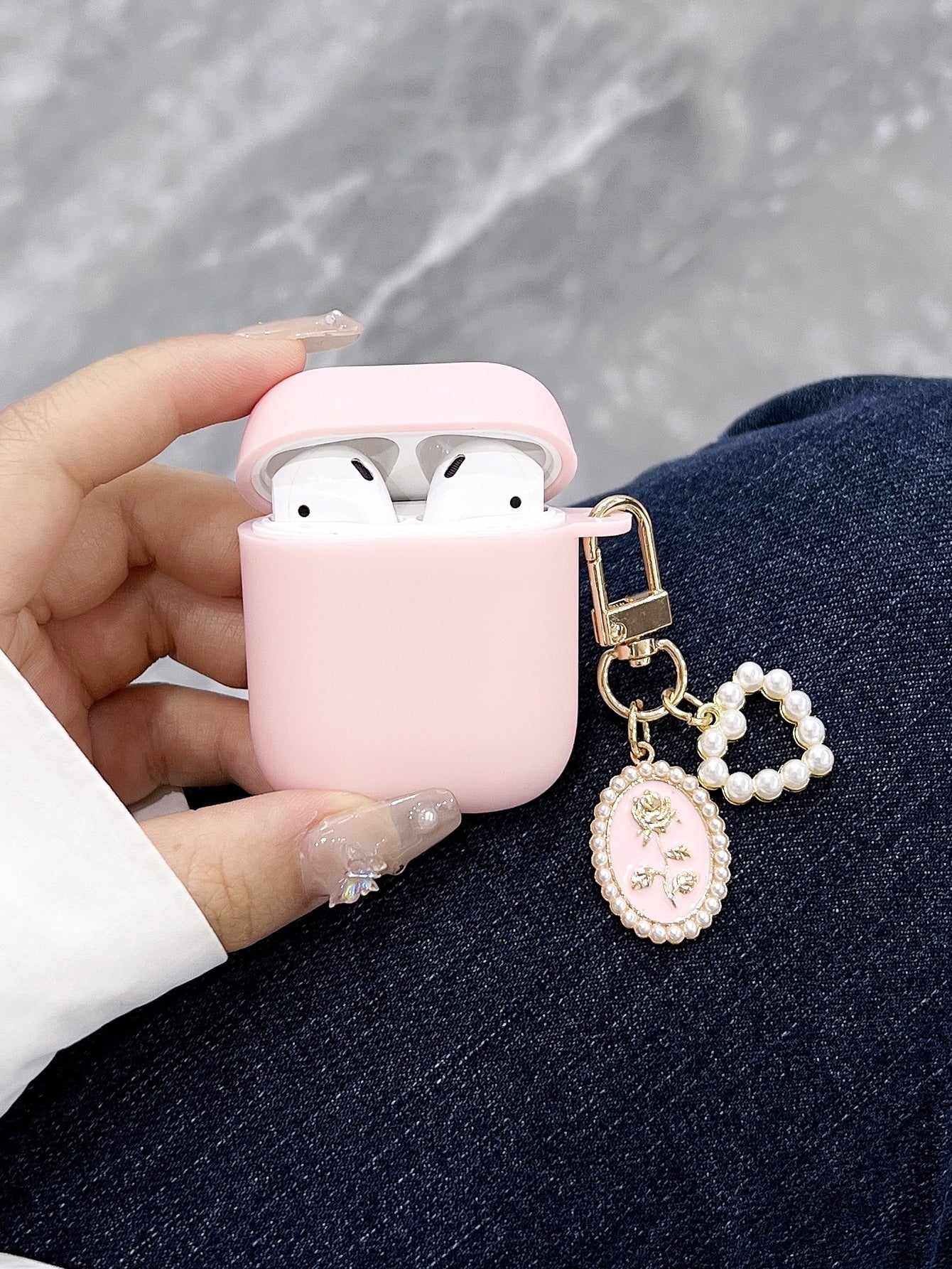 Pink Faux Pearl Heart Pendant Case Compatible With AirPods Compatible With Airpods1/2 AirPods Pro Kawaii