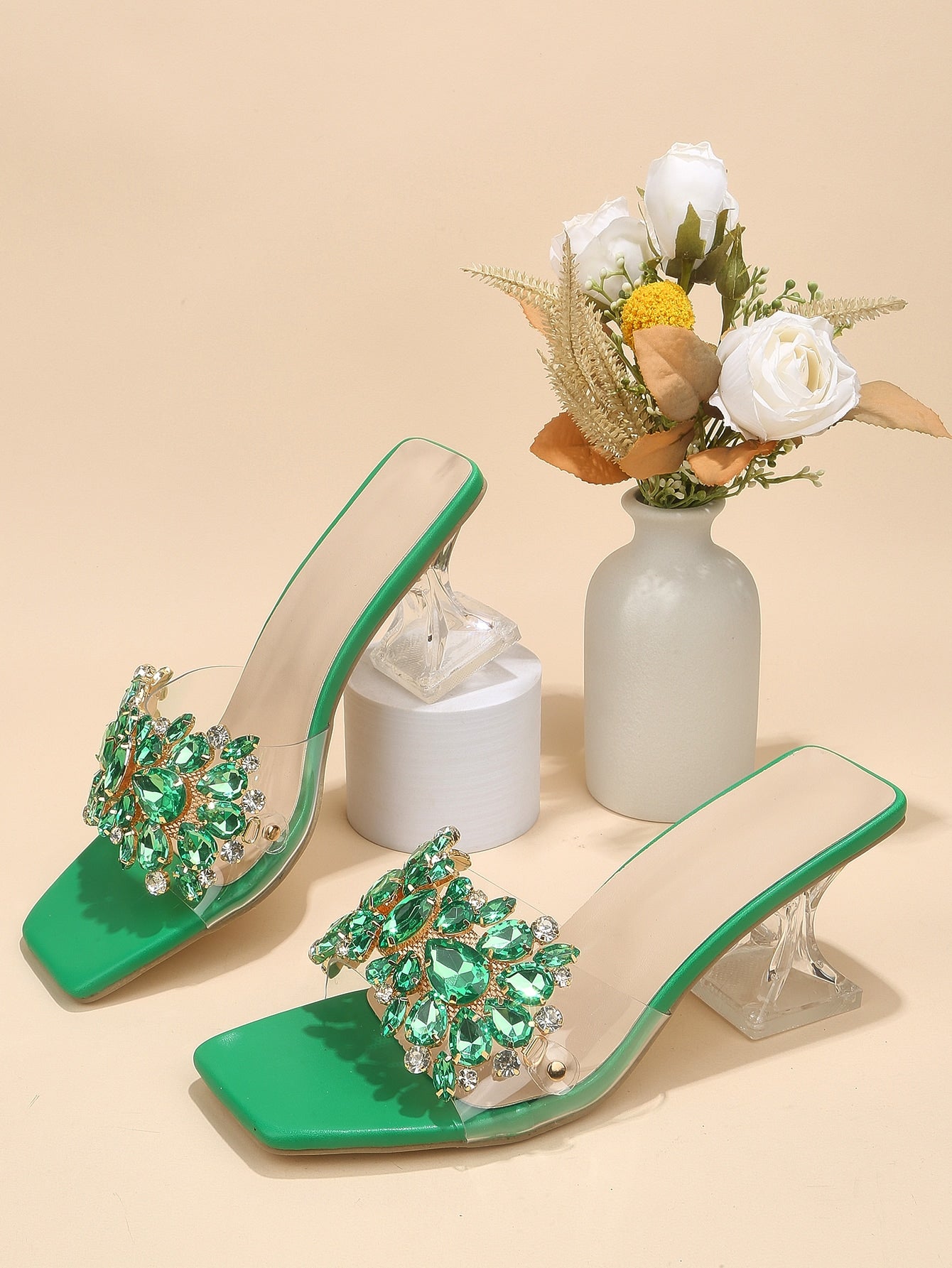 Rhinestone Decor Sculptural Heeled Mule Sandals, Purple Party Diamond & Gems Decoration Solid Color Mule Heels