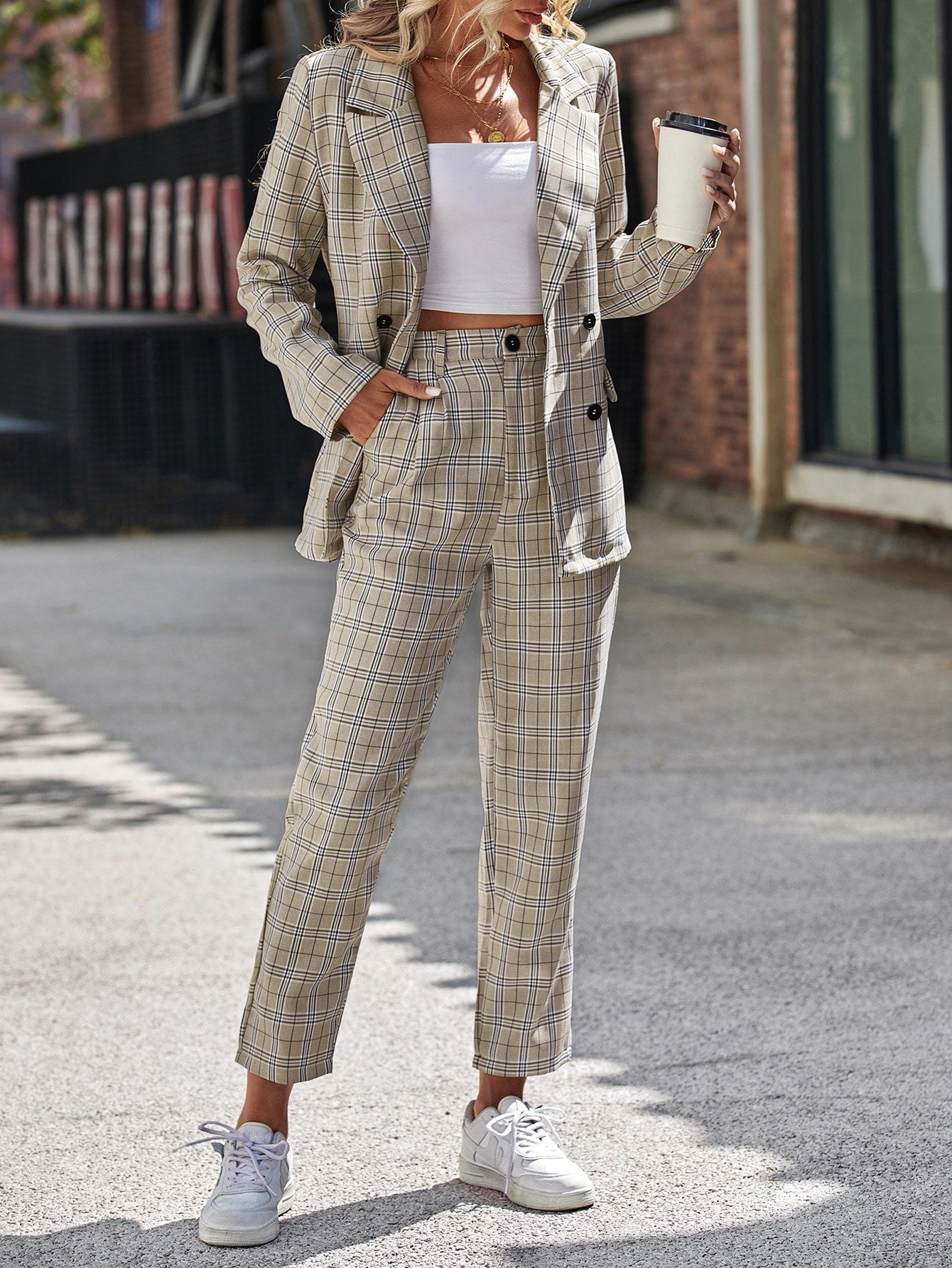 Basic And Versatile Commuter Plaid Double-Breasted Suit Set For Casual Wear