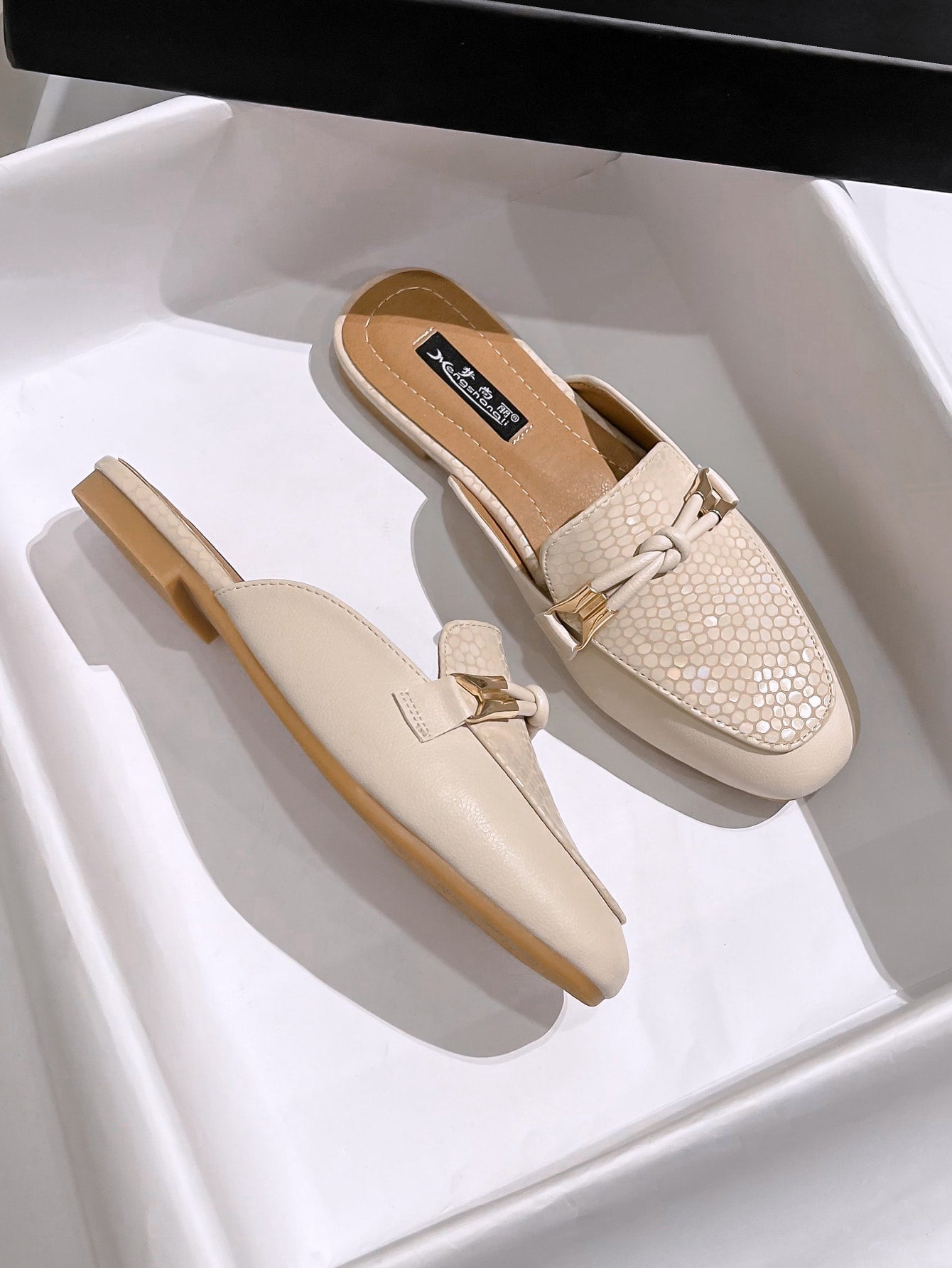 Two Tone Knot Decor Flat Mules, Multicolor Elegant Contrast Color Knotted Mules Heels