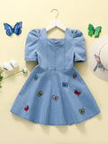 Young Girl Toddler Girls Butterfly Embroidery Puff Sleeve A-Line Denim Dress