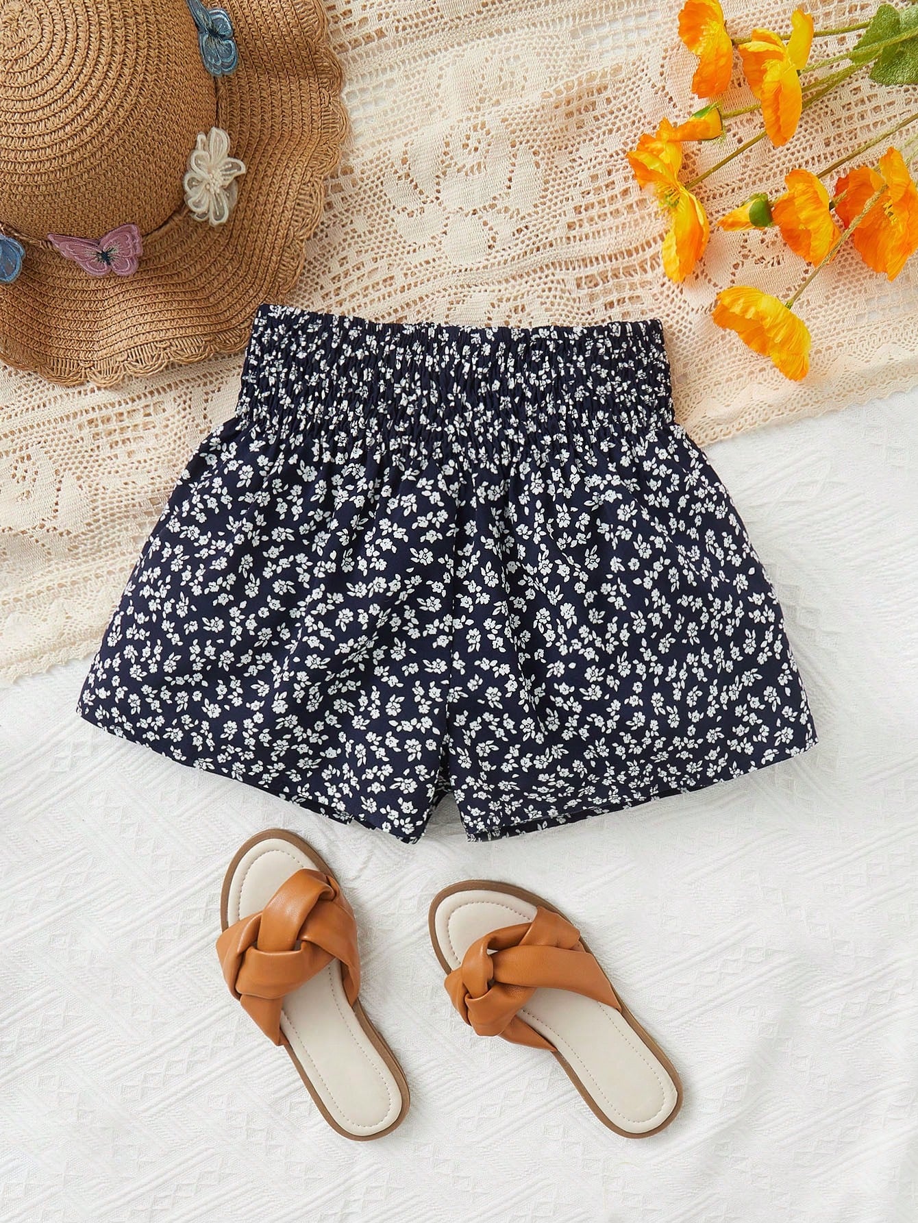 Tween Girl Ditsy Floral Print Paperbag Waist Shorts
