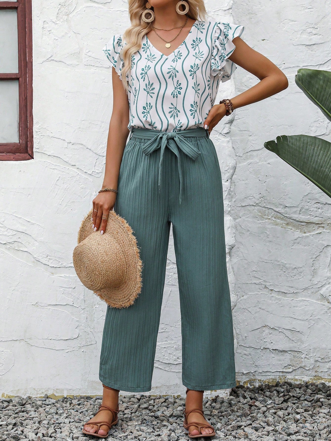 Allover Print Ruffle Trim Blouse & Belted Pants