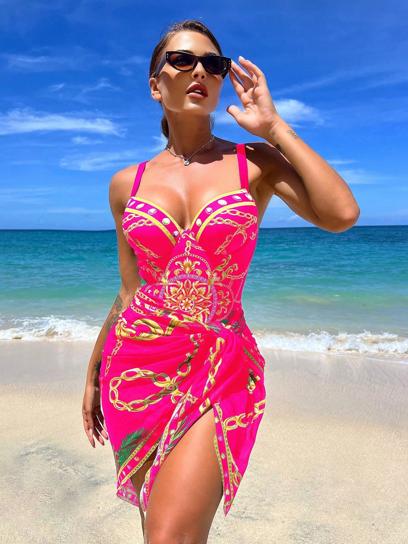 Chain Print Push Up One Piece Swimsuit With Beach Skirt