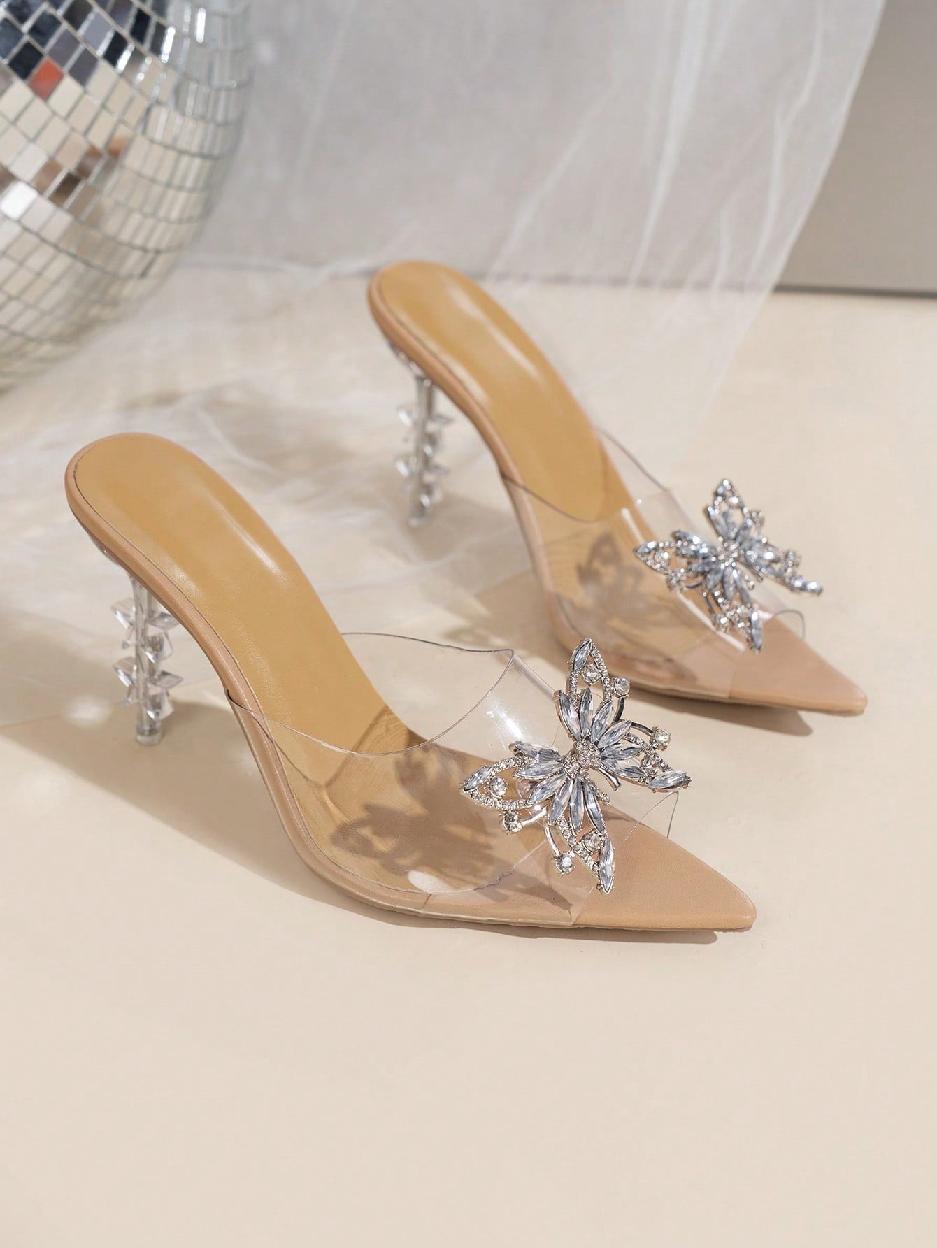 Butterfly Decorated Pointed Toe High Heel Sandals
