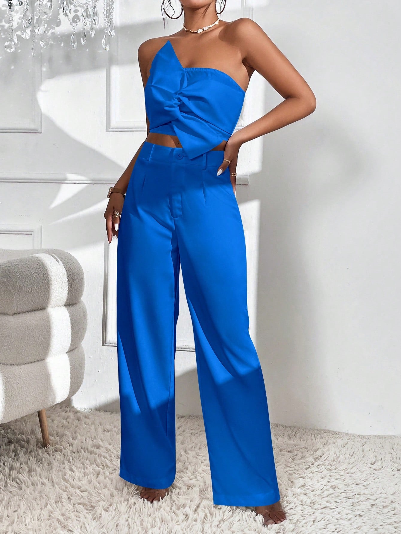Bow Front Crop Tube Top & Wide Leg Pants