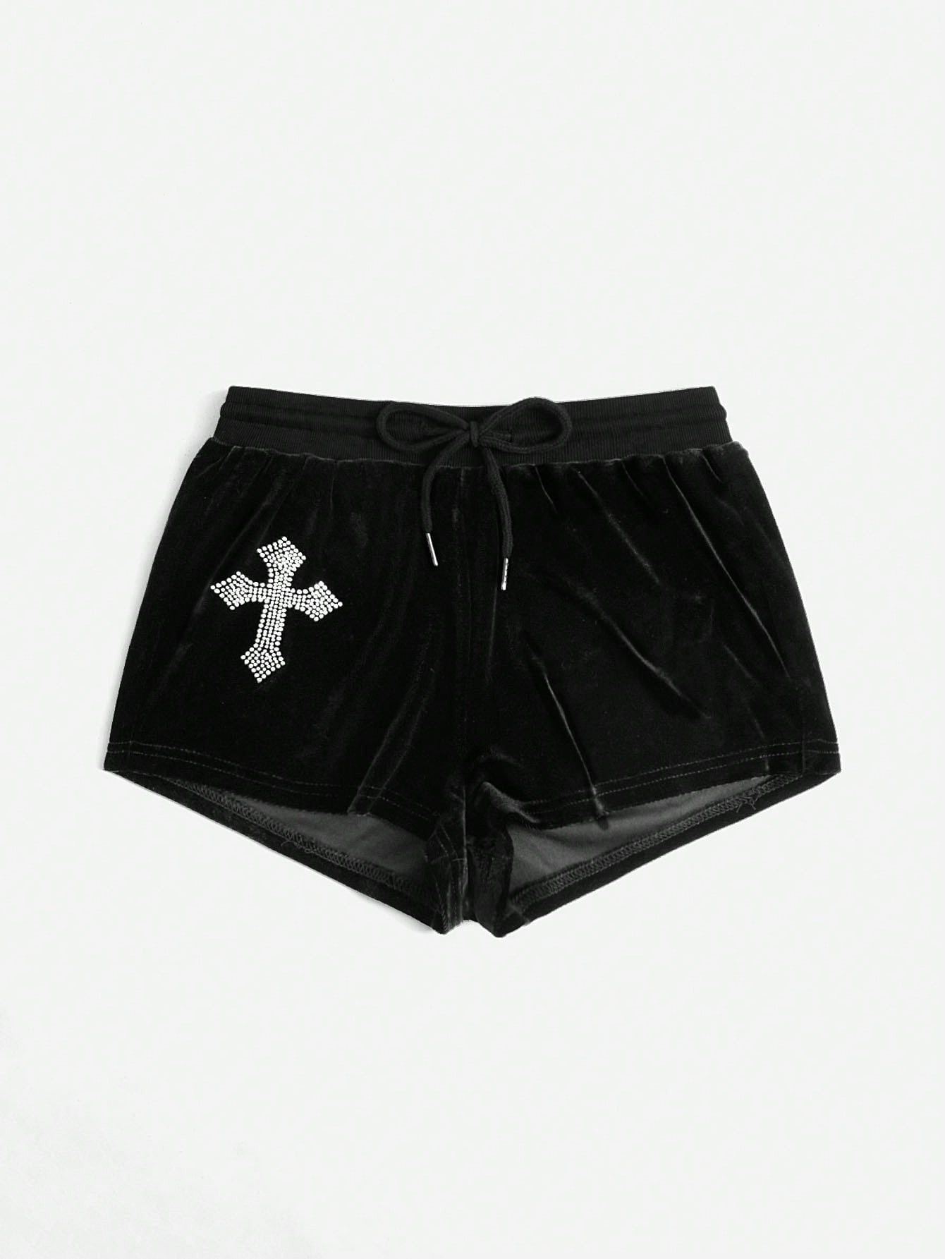 Punk Cross Rhinestone Drawstring Waist Velvet Shorts
