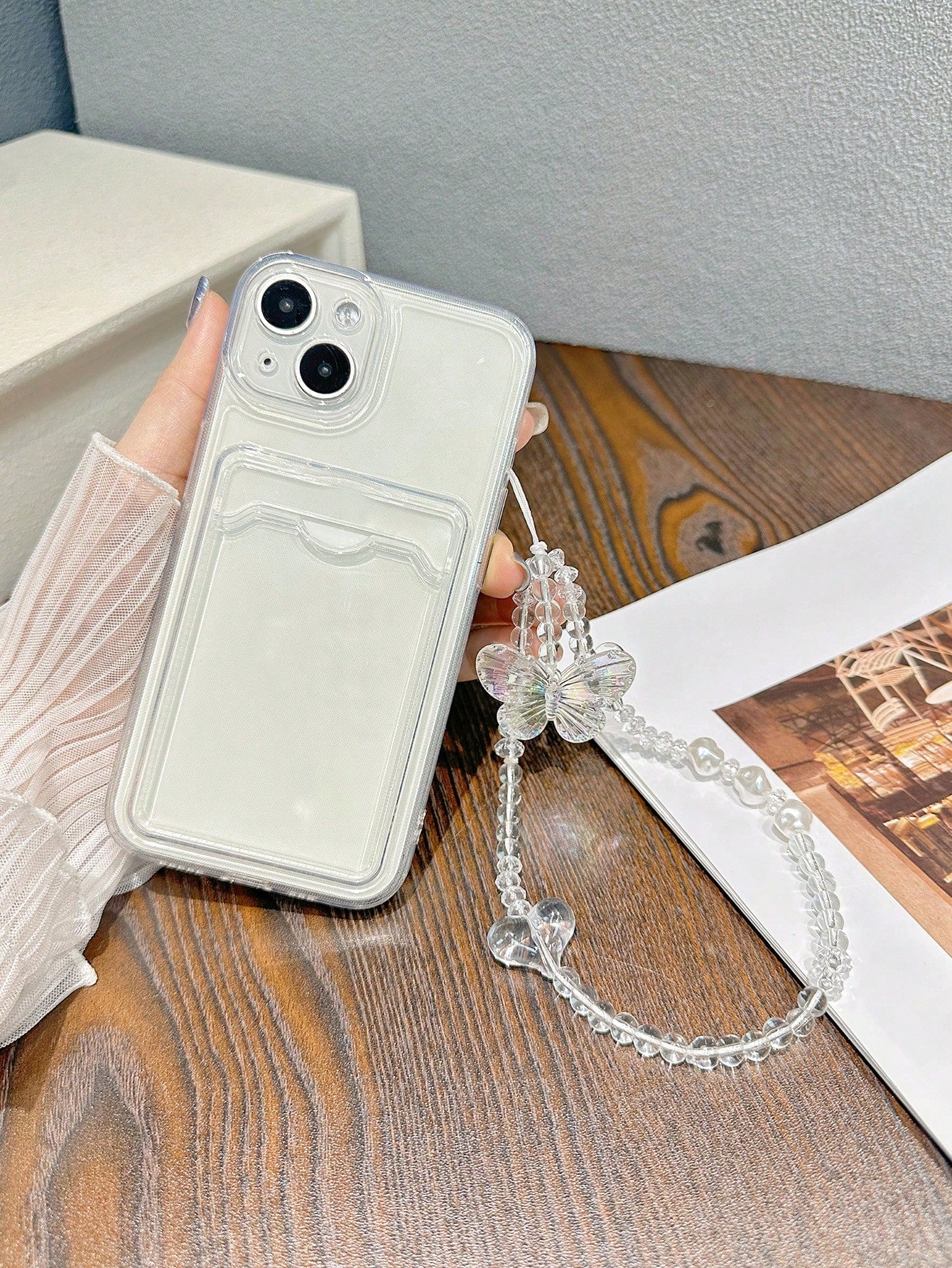 Clear Card Slot Phone Case With Butterfly Decor Lanyard Compatible With IPhone 11,IPhone 13,Xiaomi Redmi 9A