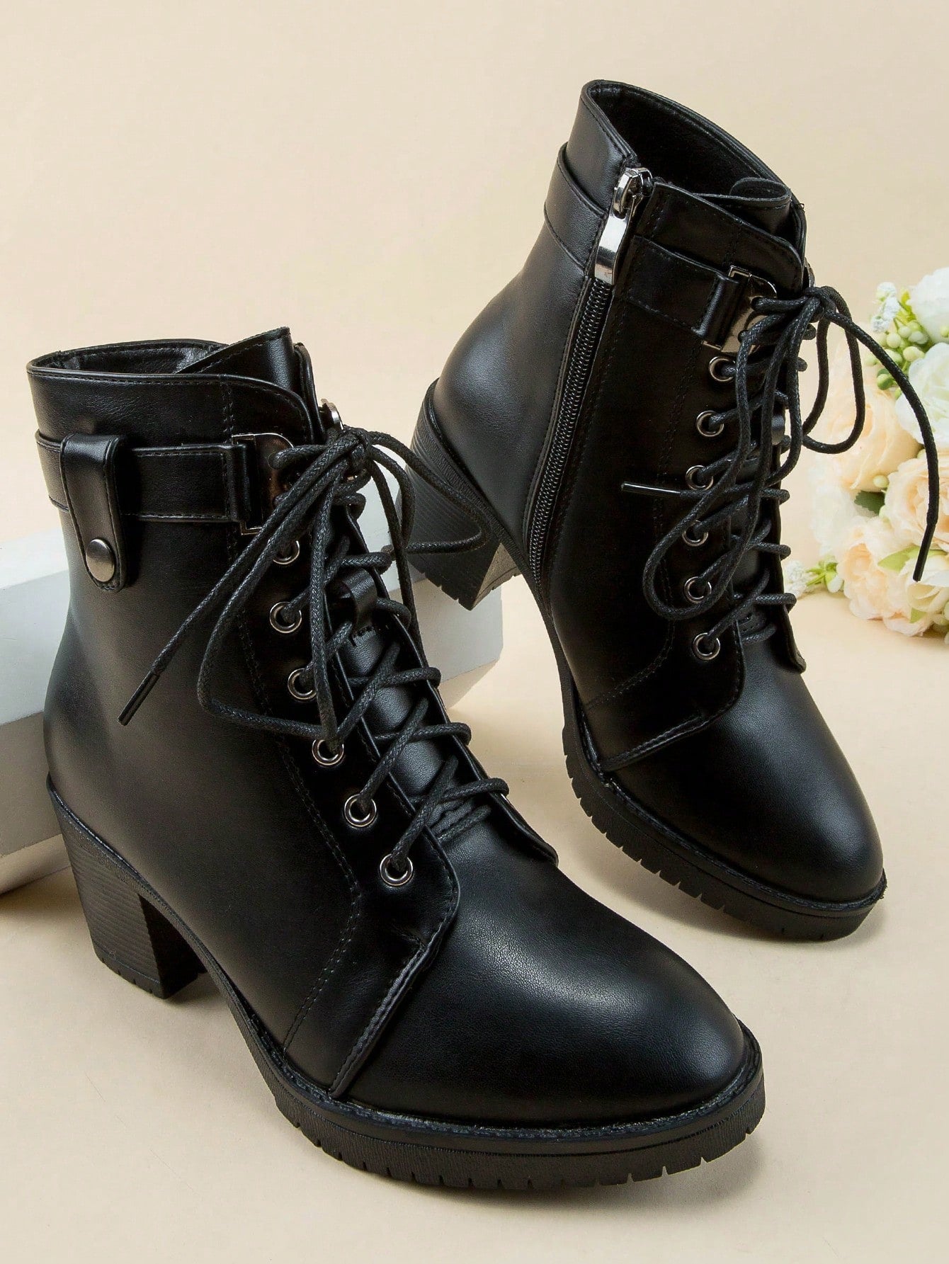 Round Toe Chunky High Heel Anti-Skid Platform, Side Zipper Criss-Cross Lace-Up, Classic Fashion  Boots For Women