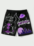 Street Life Men Cartoon & Letter Graphic Drawstring Waist Shorts, School