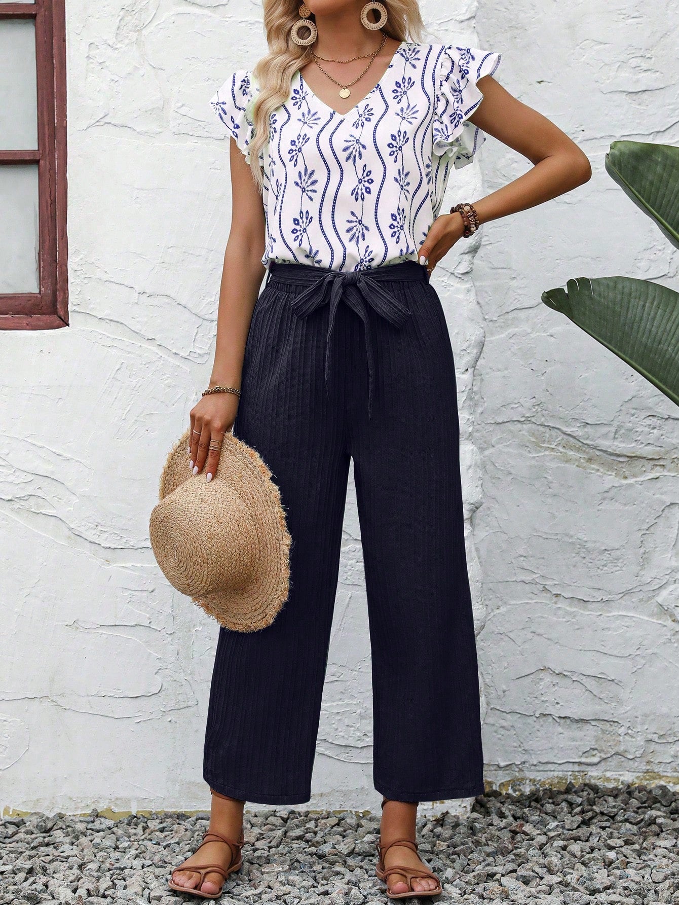 Allover Print Ruffle Trim Blouse & Belted Pants
