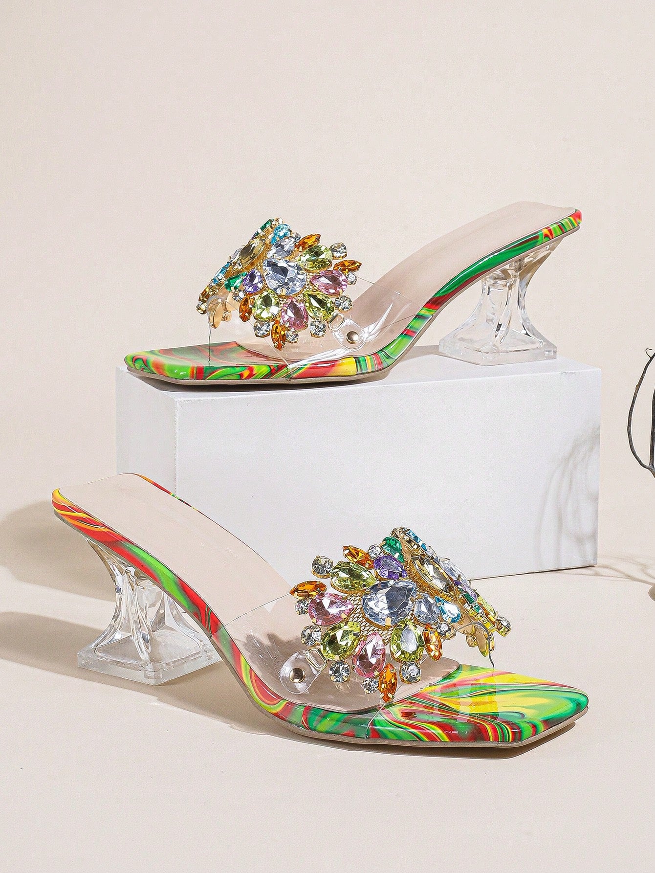 Rhinestone Decor Sculptural Heeled Mule Sandals, Purple Party Diamond & Gems Decoration Solid Color Mule Heels