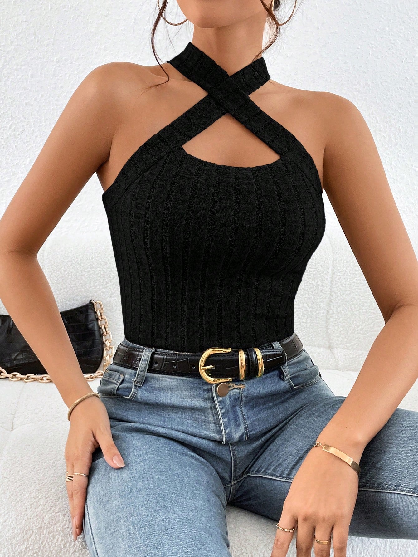 Crisscross Halter Neck Ribbed Knit Top