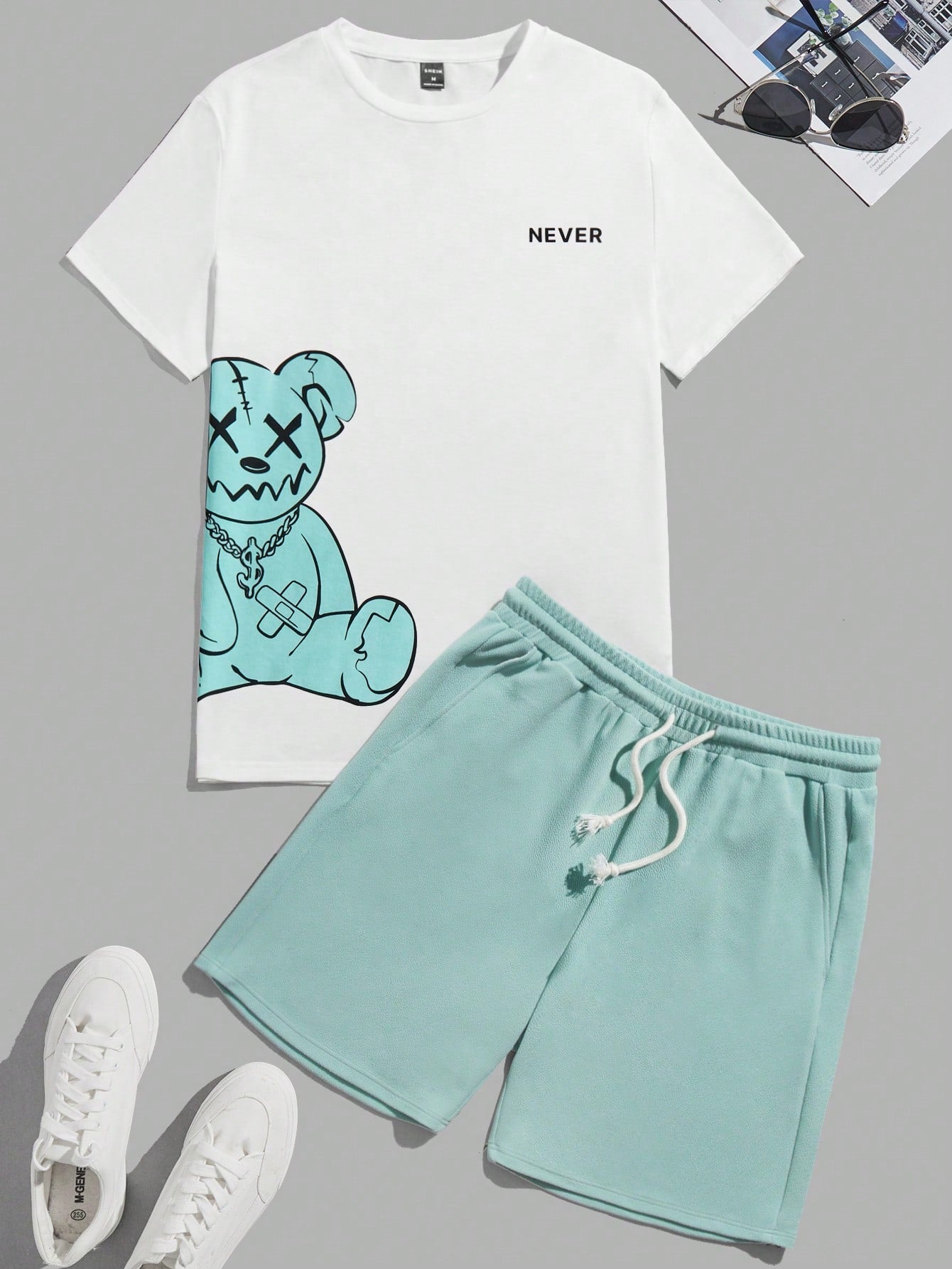 Bear Print T-Shirt And Shorts Knitting Casual Two-Piece Set