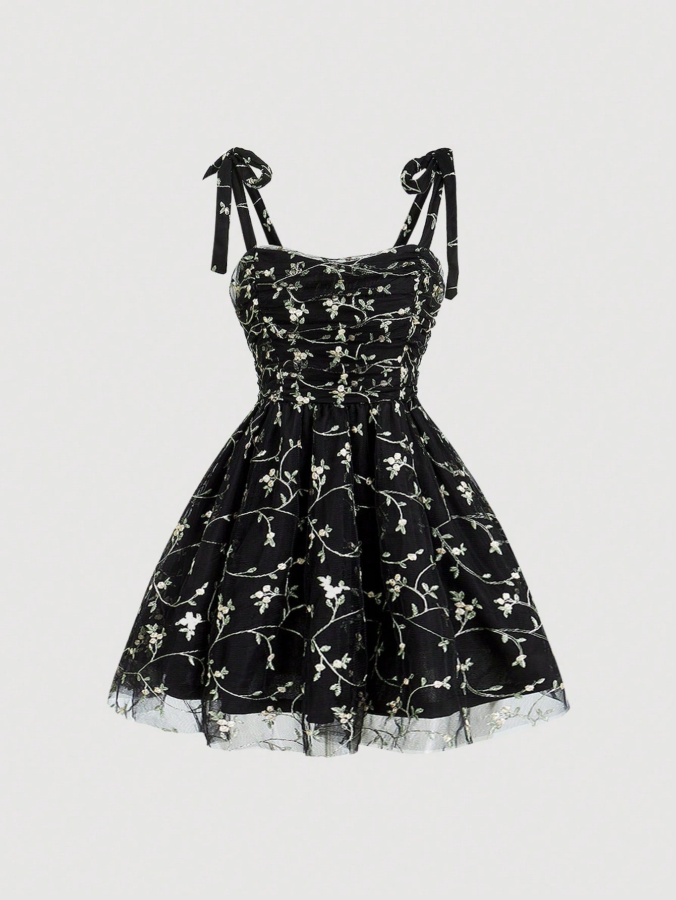 Floral Print Mesh Overlay Tie Shoulder Cami Dress