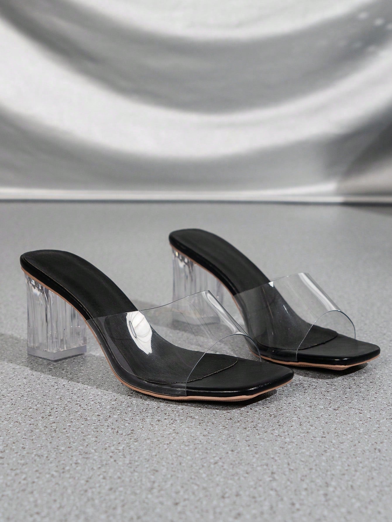 Party & Vacation Season Promotions, Classic Elegant Women's High Heel Sandals With Crystal Heel, Square Toe, Chunky Heel, Transparent Strap & Decorative Design For All Seasons In Coffee Brown Color