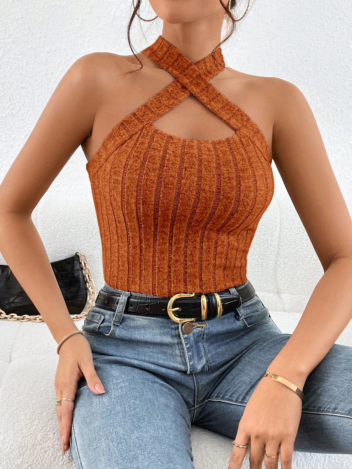 Crisscross Halter Neck Ribbed Knit Top