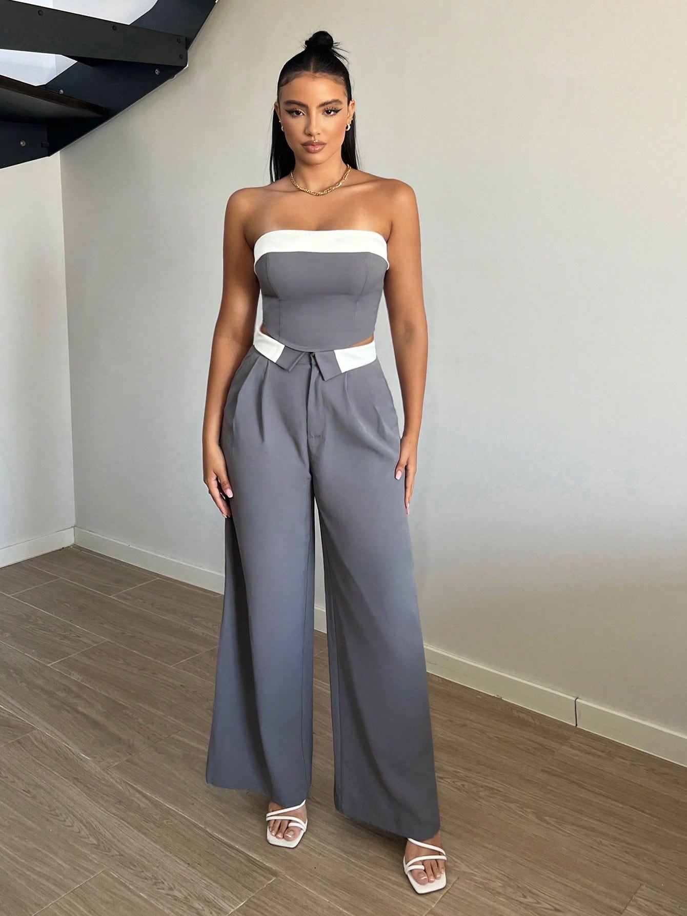Contrast Trim Wide Leg Suit Pants
