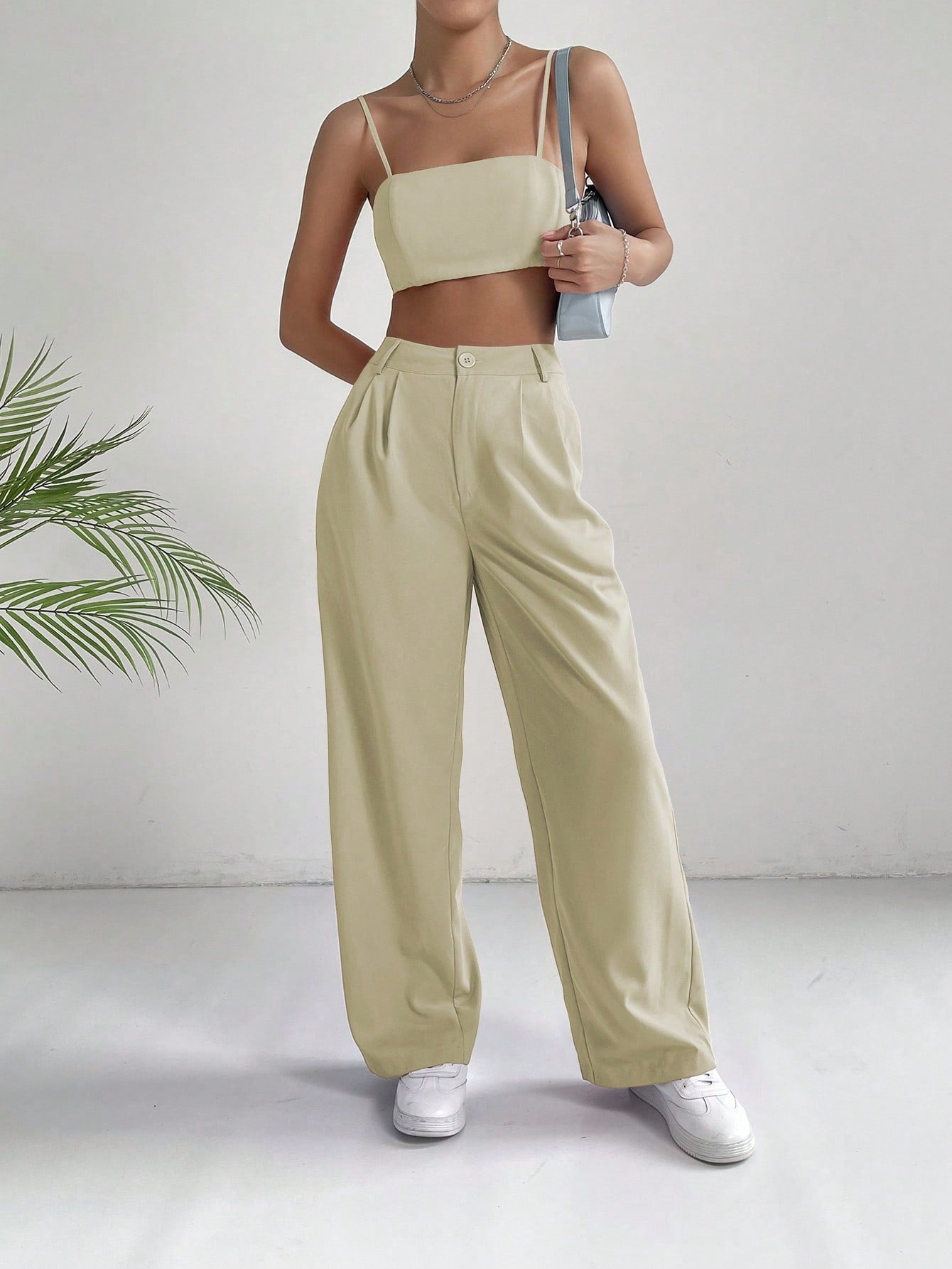 Commuting Style Pink Solid Crop Cami Top & Wide Leg Pants