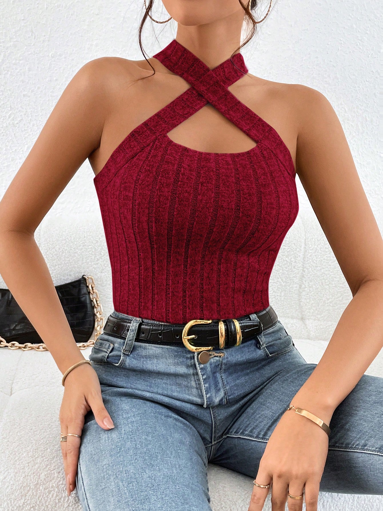 Crisscross Halter Neck Ribbed Knit Top